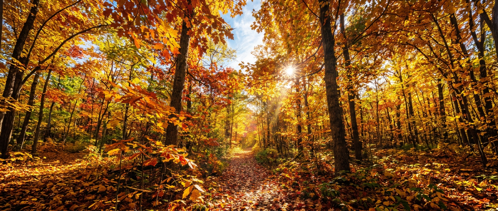 Leaf-covered woodland trail beneath vibrant autumn foliage and sunlight