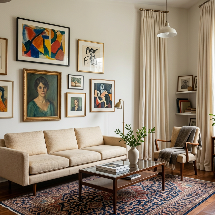 Sunlit artist studio with artwork covering the walls, desk, chair, and bookshelves