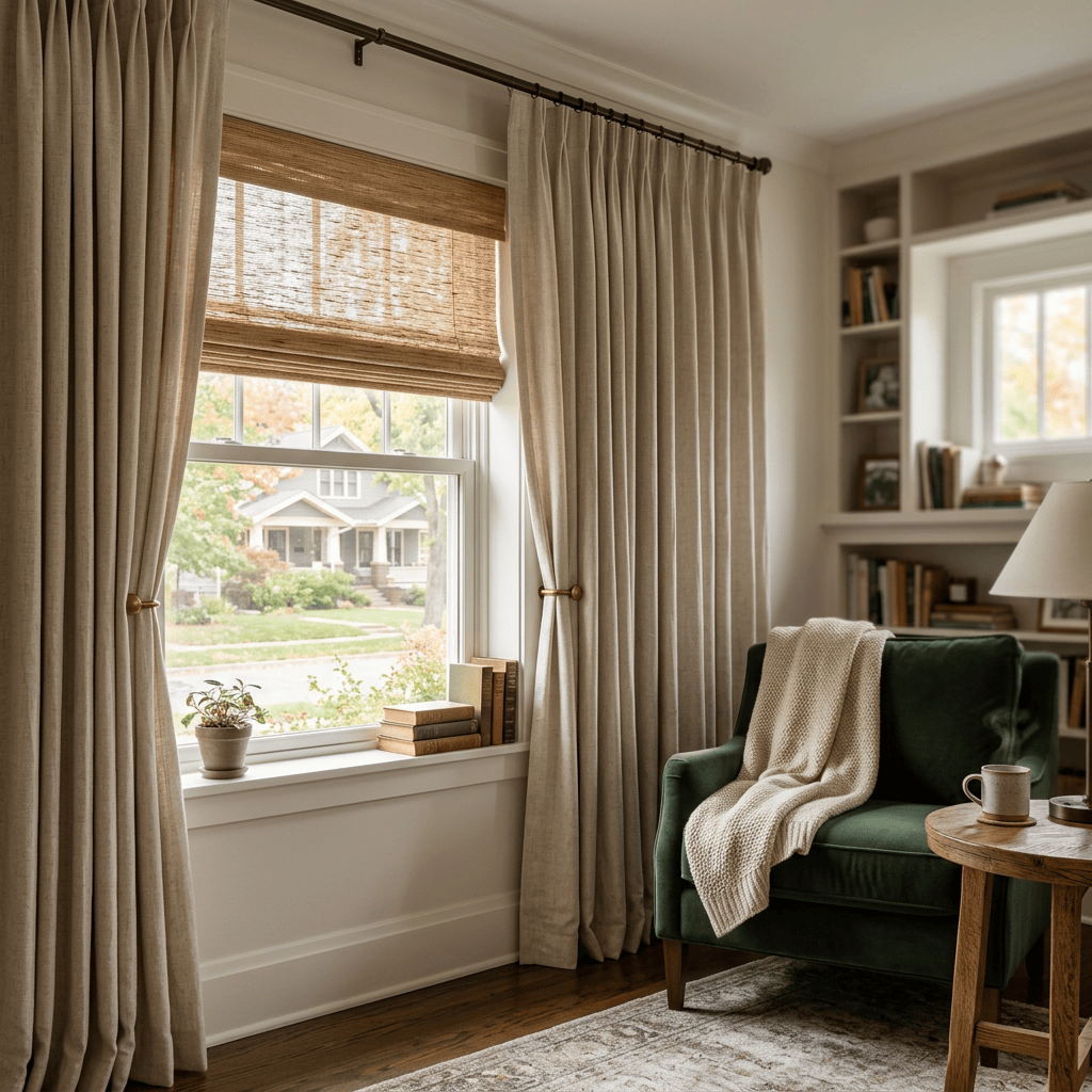 Sunlit reading nook with linen curtains, green armchair, books, and coffee