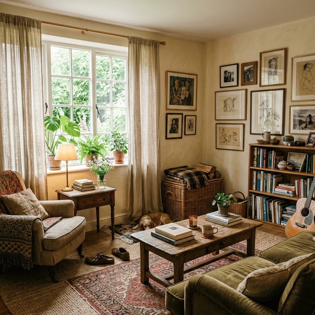 Cozy living room featuring a green sofa, a wooden coffee table with books and cups, an armchair, and framed artwork on the walls, with plants by the window.