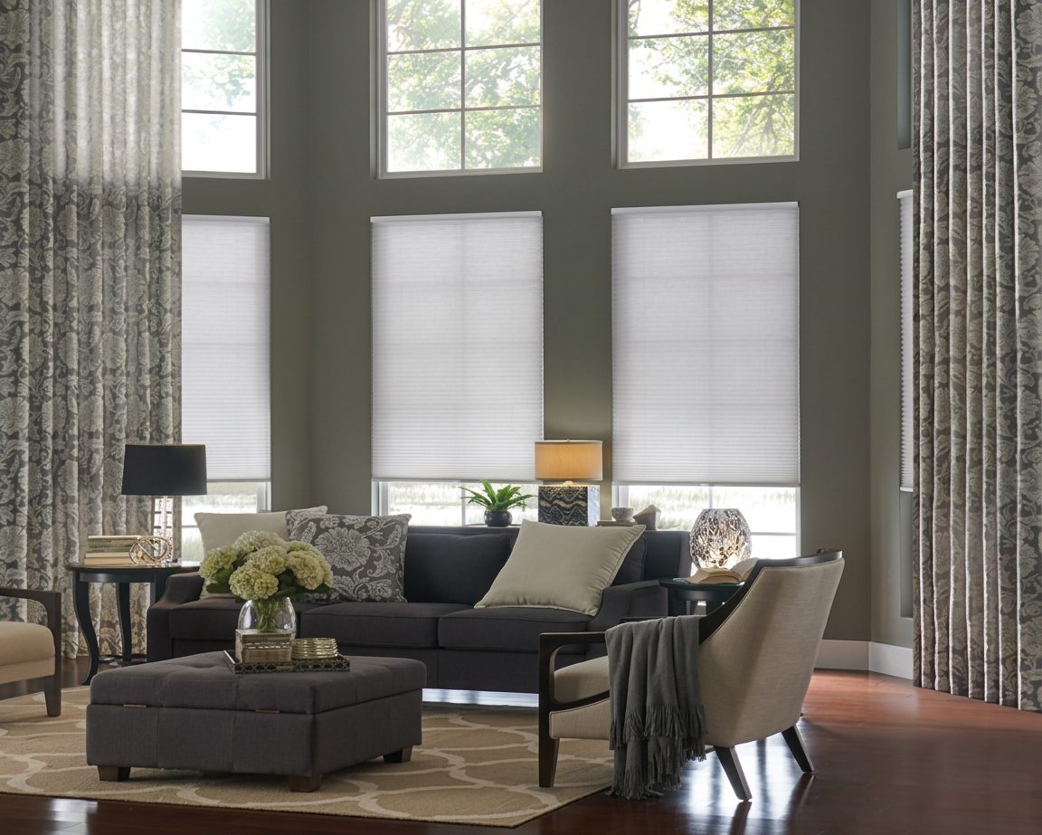 A cozy living room featuring a dark couch with decorative pillows, a coffee table with a floral arrangement, and light-filtering window treatments. The space has natural light flowing in from large windows framed by vertical curtains.