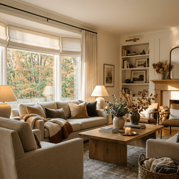 Cozy living room with neutral furniture, autumn trees, fireplace, and coffee table