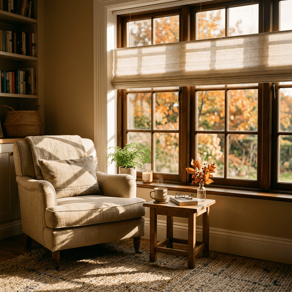 Cozy armchair and side table beside a sunlit window with autumn trees