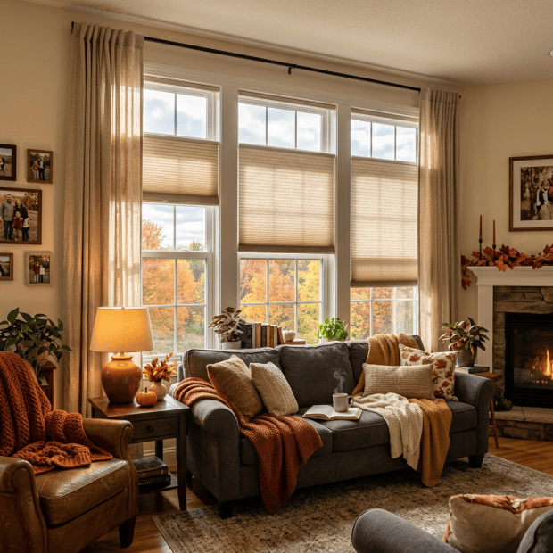 Cozy living room with sofa, blankets, autumn decor, windows, and fireplace