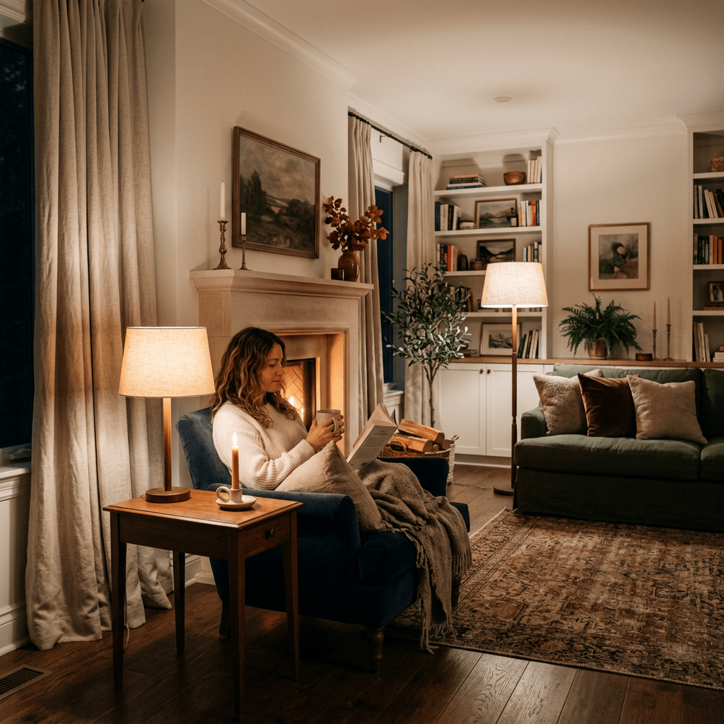 Woman reading beside a lit fireplace with a warm drink