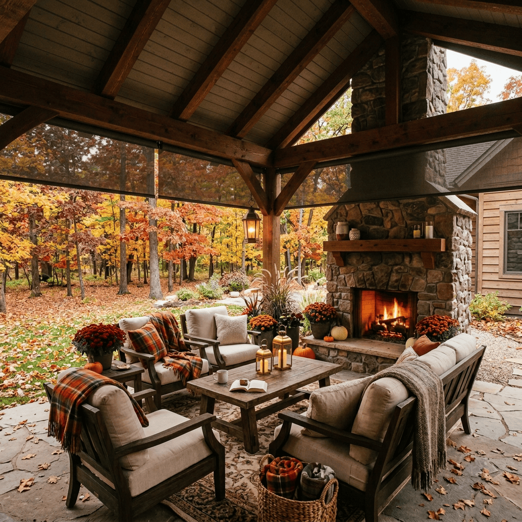 Covered patio with seating, stone fireplace, and colorful autumn trees