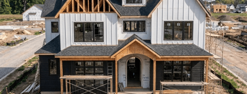 Modern farmhouse under construction with scaffolding, lumber, and a skid-steer loader