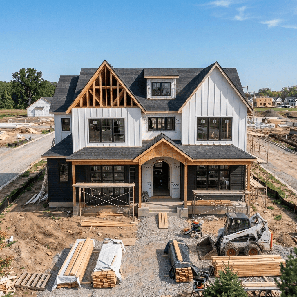 Modern farmhouse under construction with scaffolding, lumber, and a skid-steer loader
