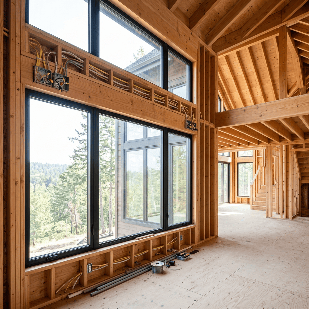 Unfinished timber-frame home interior with large windows and exposed wiring