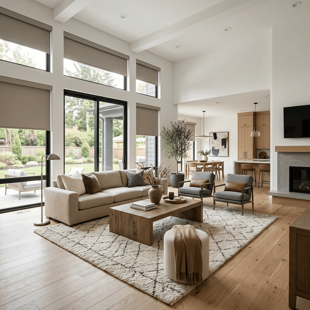 Bright modern living room with sofa, chairs, fireplace, and large windows