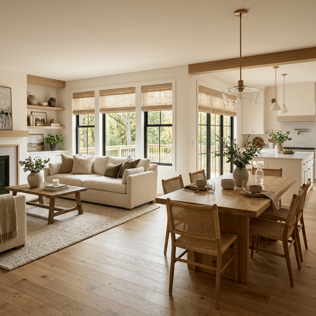 Open-plan living and dining room with sofa, wood table, and kitchen